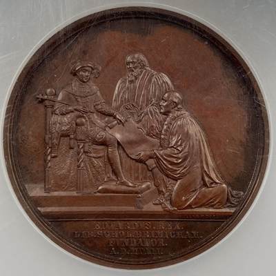 掌中浮雕-藏着的欧洲第056场 - NGC MS62 : 英国伯明翰爱德华六世国王文法学校纪念铜章，58mm