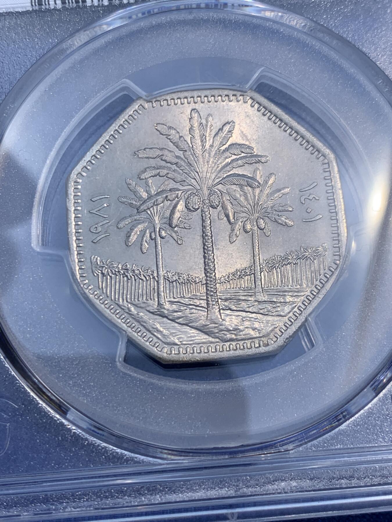 《竞宝斋》第474场 周日，周一 2场连拍 （全场包邮）欢迎送拍 PCGS MS65 伊拉克1981年椰树250费尔多边形镍币 冠军分！