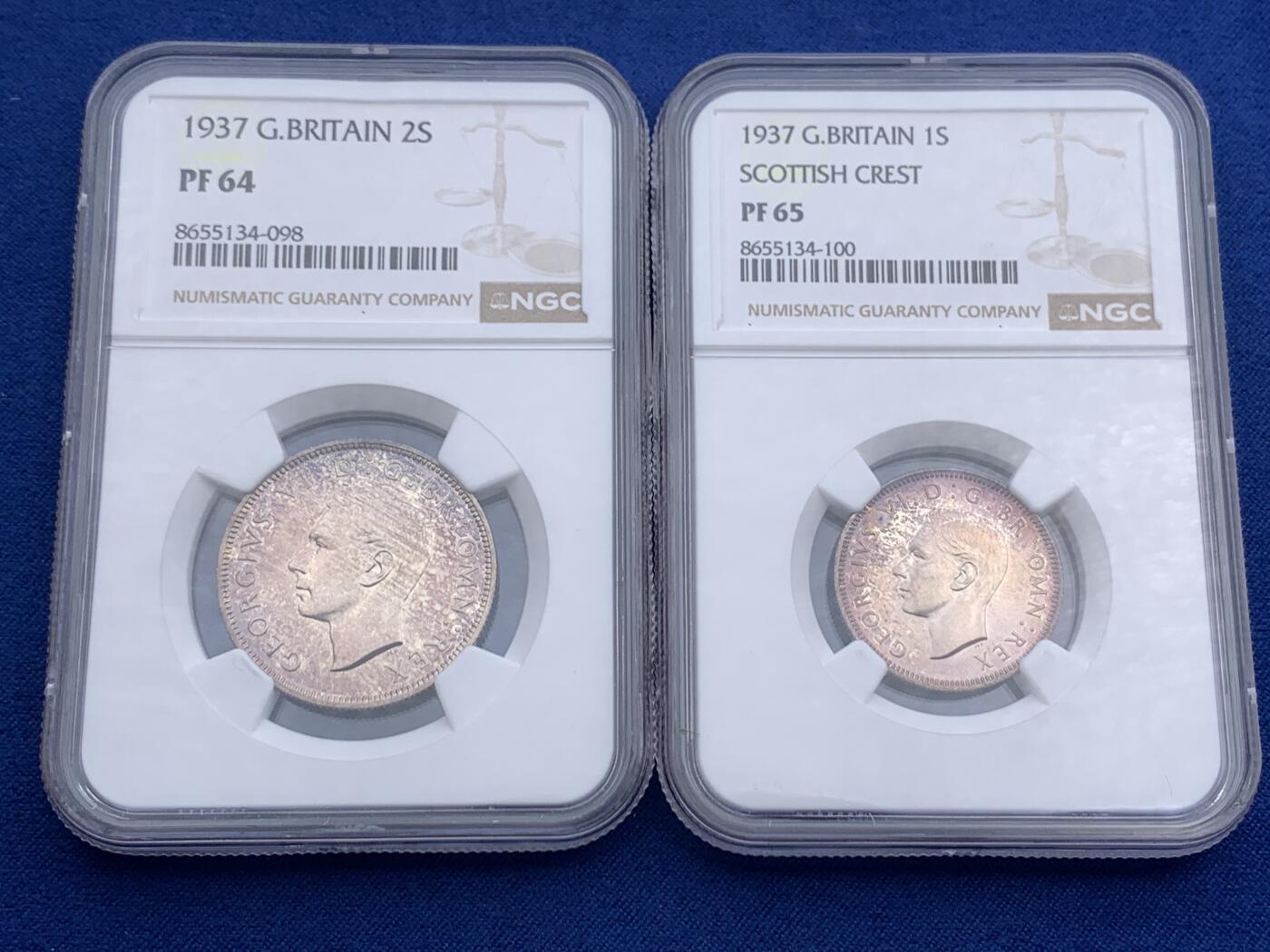 《竞宝斋》第474场 周日，周一 2场连拍 （全场包邮）欢迎送拍 11枚一组 含7枚银币 NGC PF62-65 英国1937年乔六首年1/4P-1克朗精制币