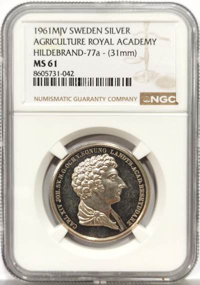 博洋堂“芳菲春韵”3月精品大拍专场暨第166期（全场包邮） - NGC MS61 瑞典皇家农业科学院纪念银章，正面是国王卡尔十四世，31mm