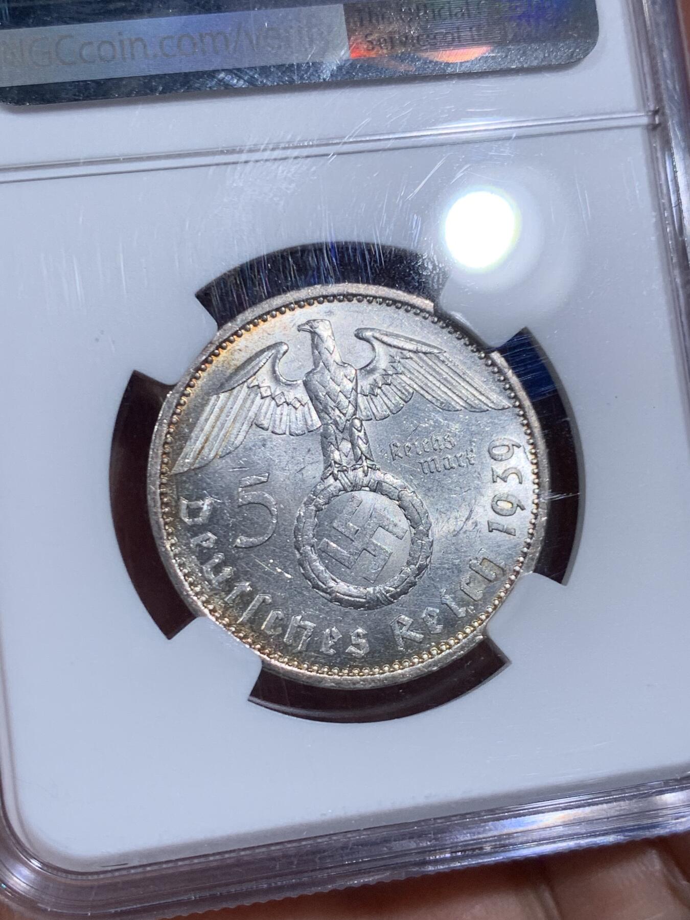 《竞宝斋》第474场 周日，周一 2场连拍 （全场包邮）欢迎送拍 NGC MS62 德国1939A兴登堡头像5马克银币