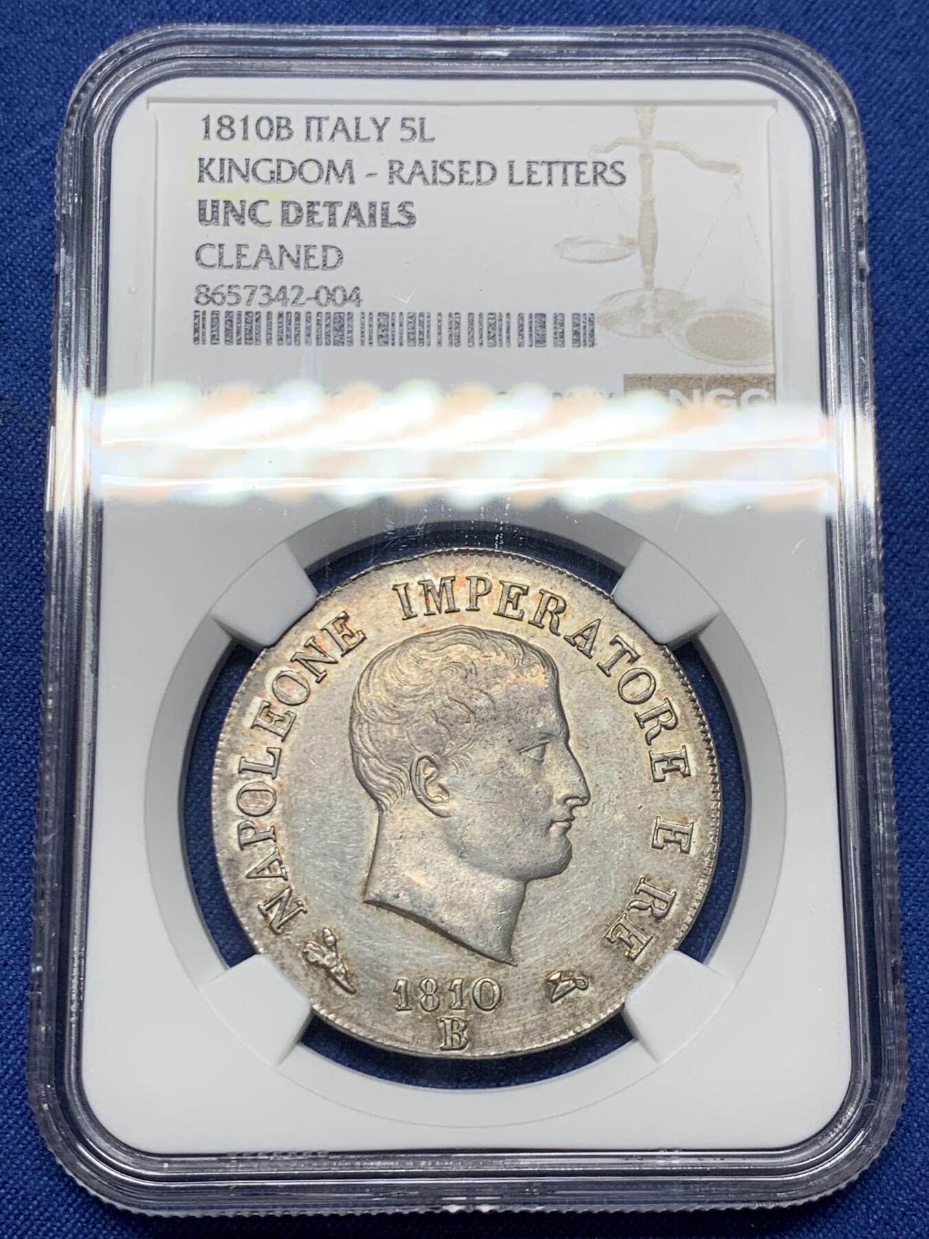 《竞宝斋》第474场 周日，周一 2场连拍 （全场包邮）欢迎送拍 NGC UNCD 拿破仑一世1810年意大利王国5里拉银币