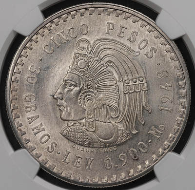 修遠堂世界钱币第109期 - NGC MS65 1948年墨西哥5比索大银币 30g，含银90%
