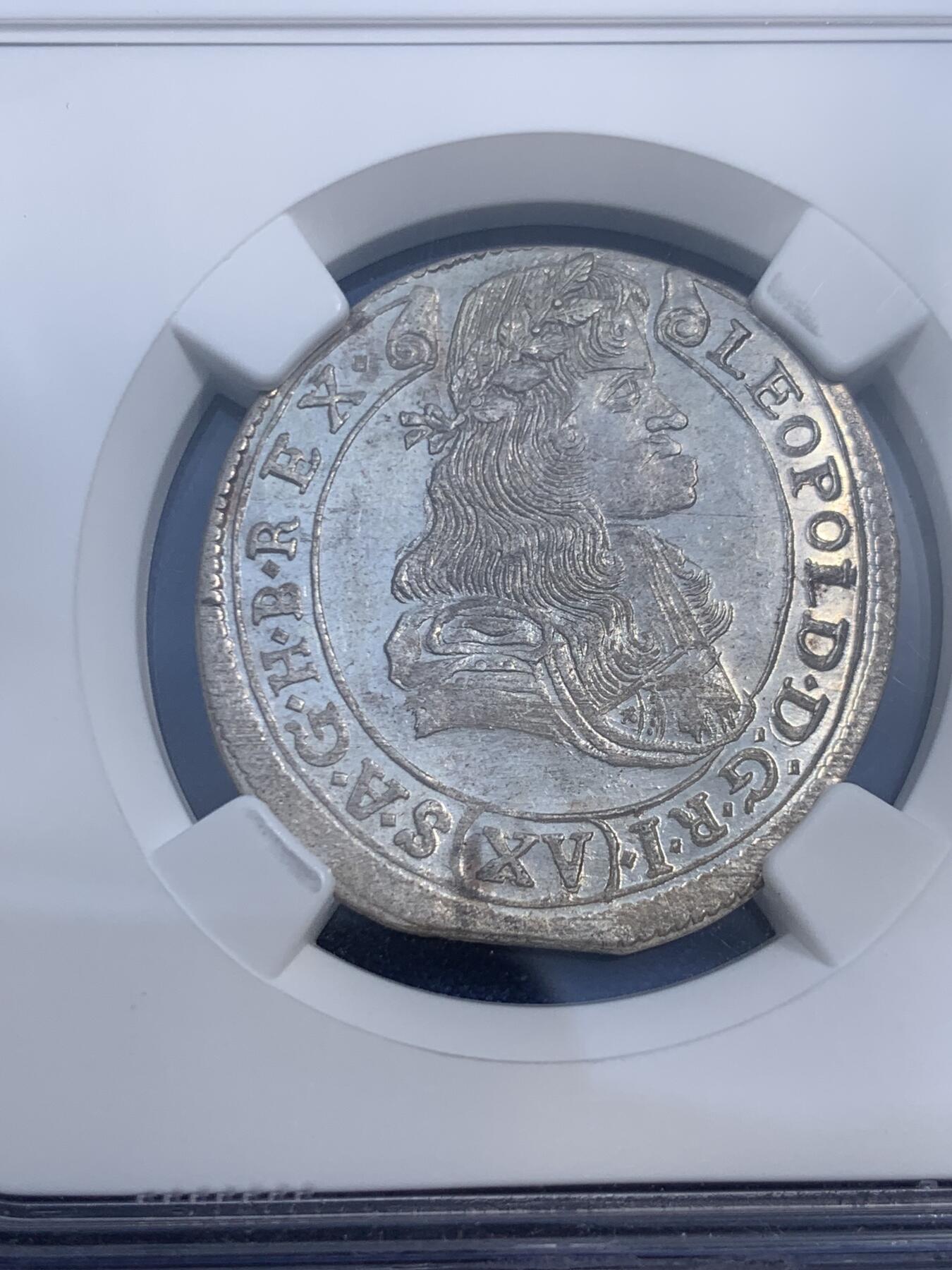 《竞宝斋》第474场 周日，周一 2场连拍 （全场包邮）欢迎送拍 NGC MS65 神圣罗马帝国1683年利奥波德一世15克鲁泽银币 无与伦比的光泽和顶尖分数，状态极佳，银霜满满，匈牙利厂圣母抱婴，亚军分，更高分仅1枚。