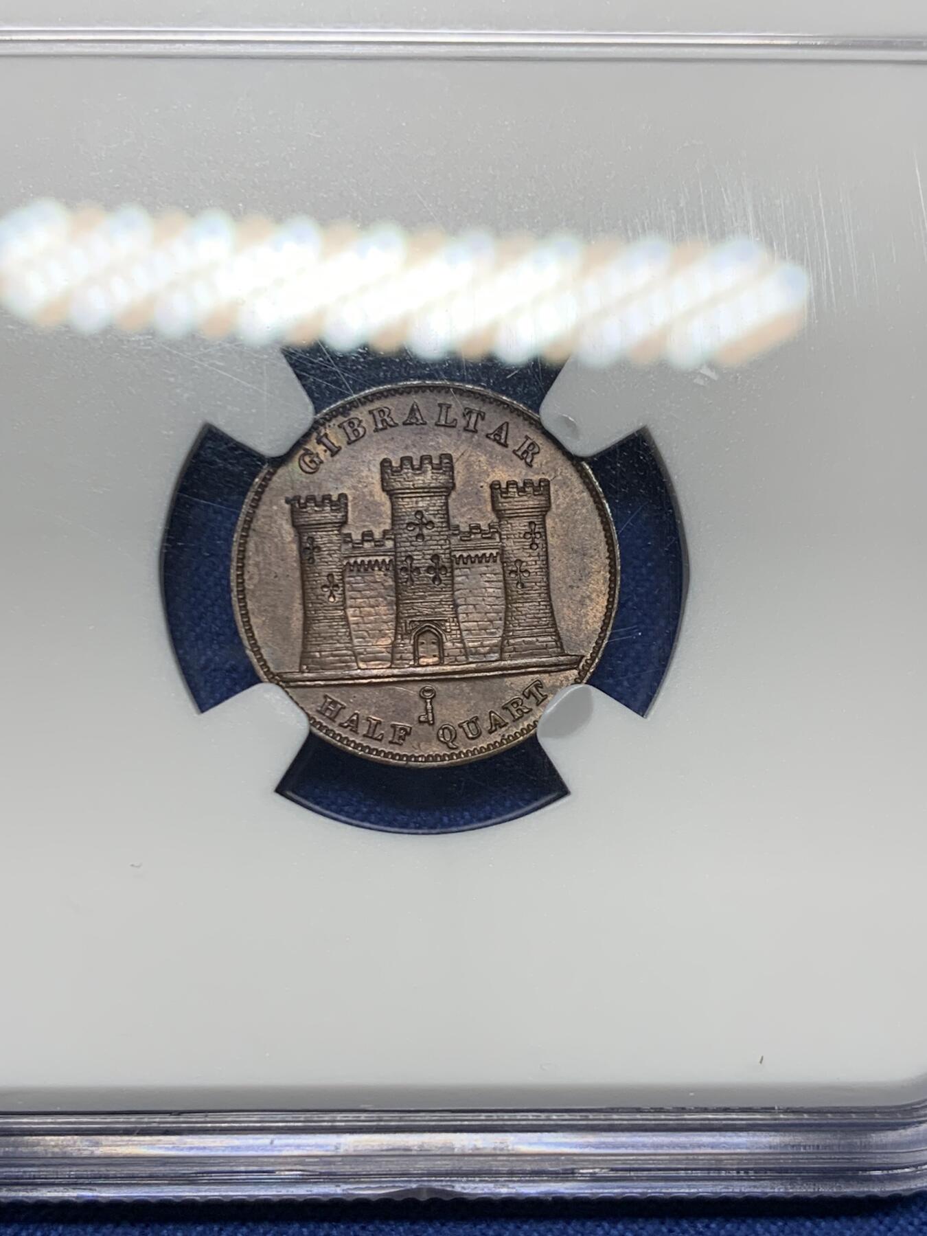 《竞宝斋》第474场 周日，周一 2场连拍 （全场包邮）欢迎送拍 亚军分 NGC  MS63BN 直布罗陀 1842 小维 1/2QUART铜币 稀见品种