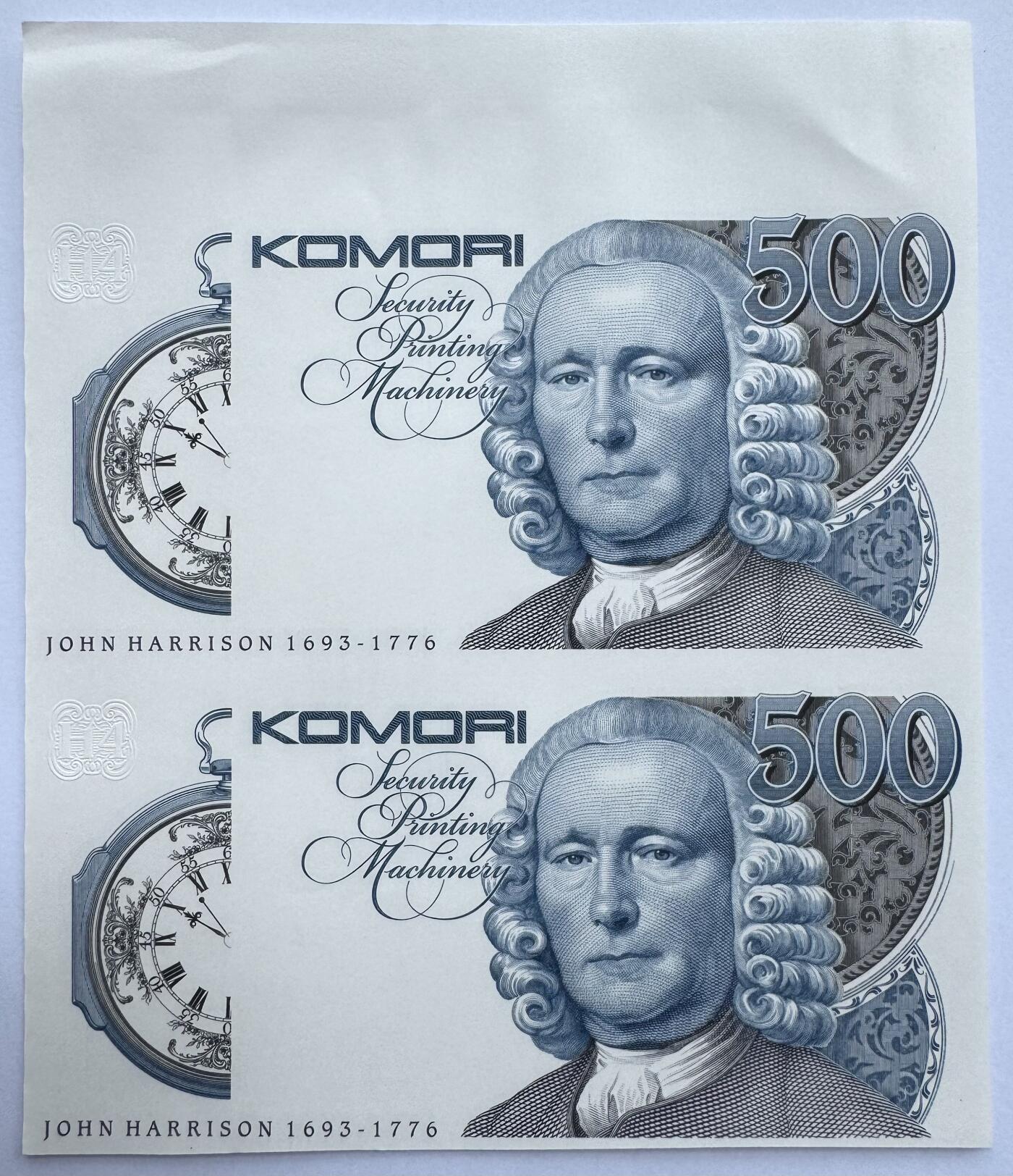 2026第5场（总第232期）：精品测试钞、外钞综合场 二连体带边 日本小森komori“约翰哈里森”H4系列500面额单面凹印测试钞UNC（上边不平整）