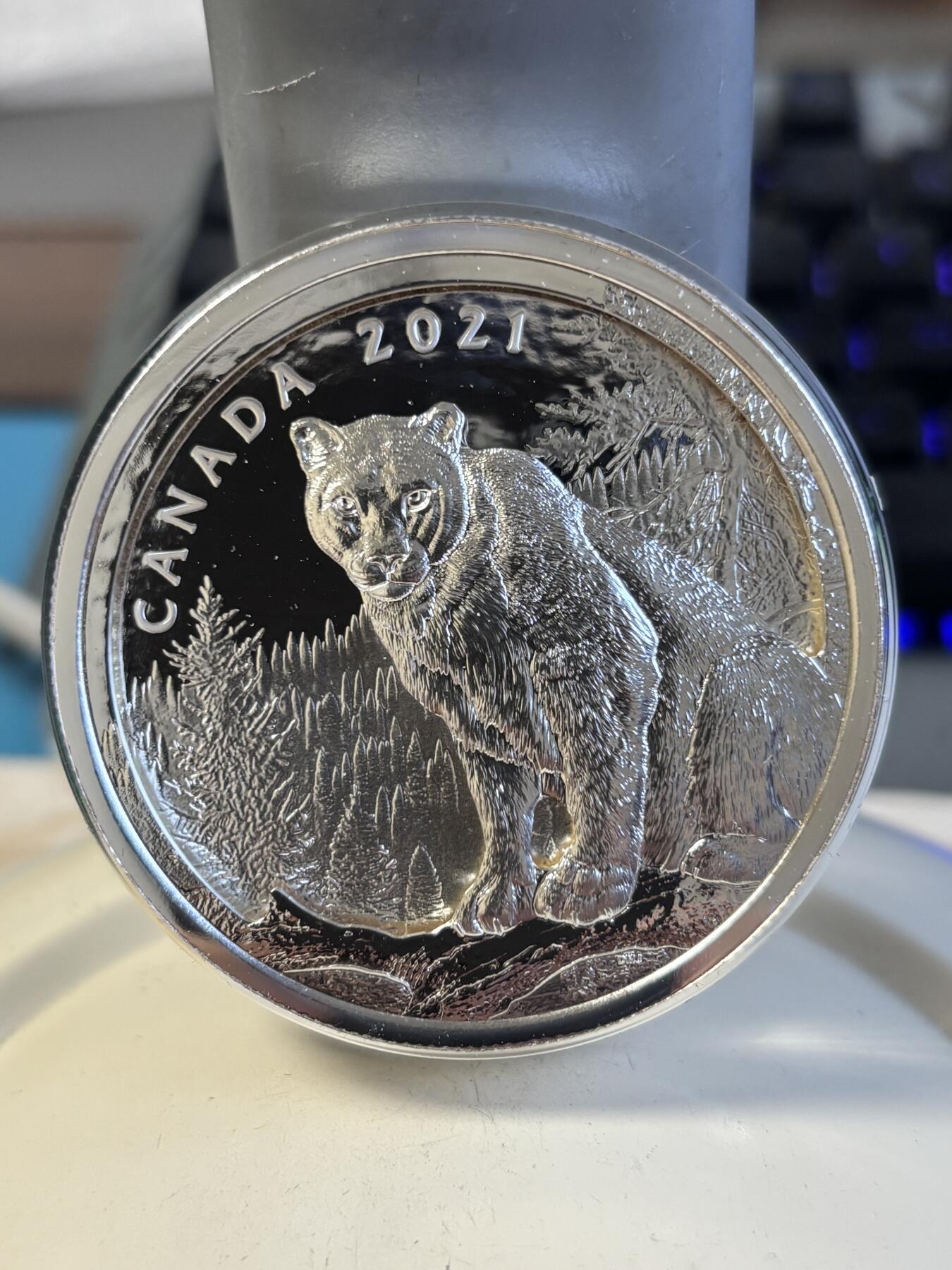 第195期拍卖 加拿大2021年美洲狮多层雕刻立体镂空105.6克银币，9999银，105.6克，发行1500枚