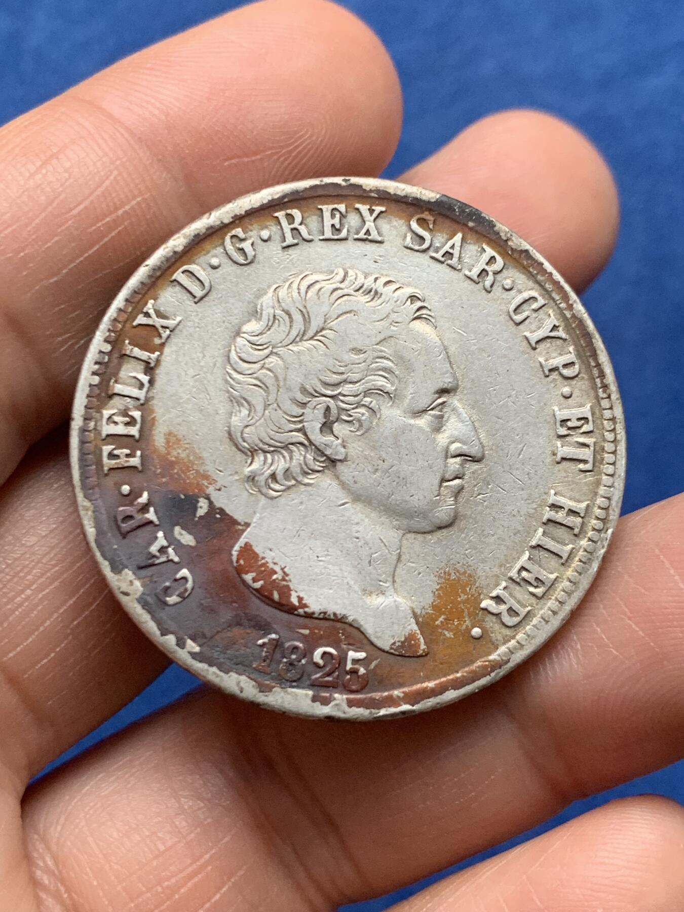 《竞宝斋》第474场 周日，周一 2场连拍 （全场包邮）欢迎送拍 意大利1825年撒丁王国5里拉大银币