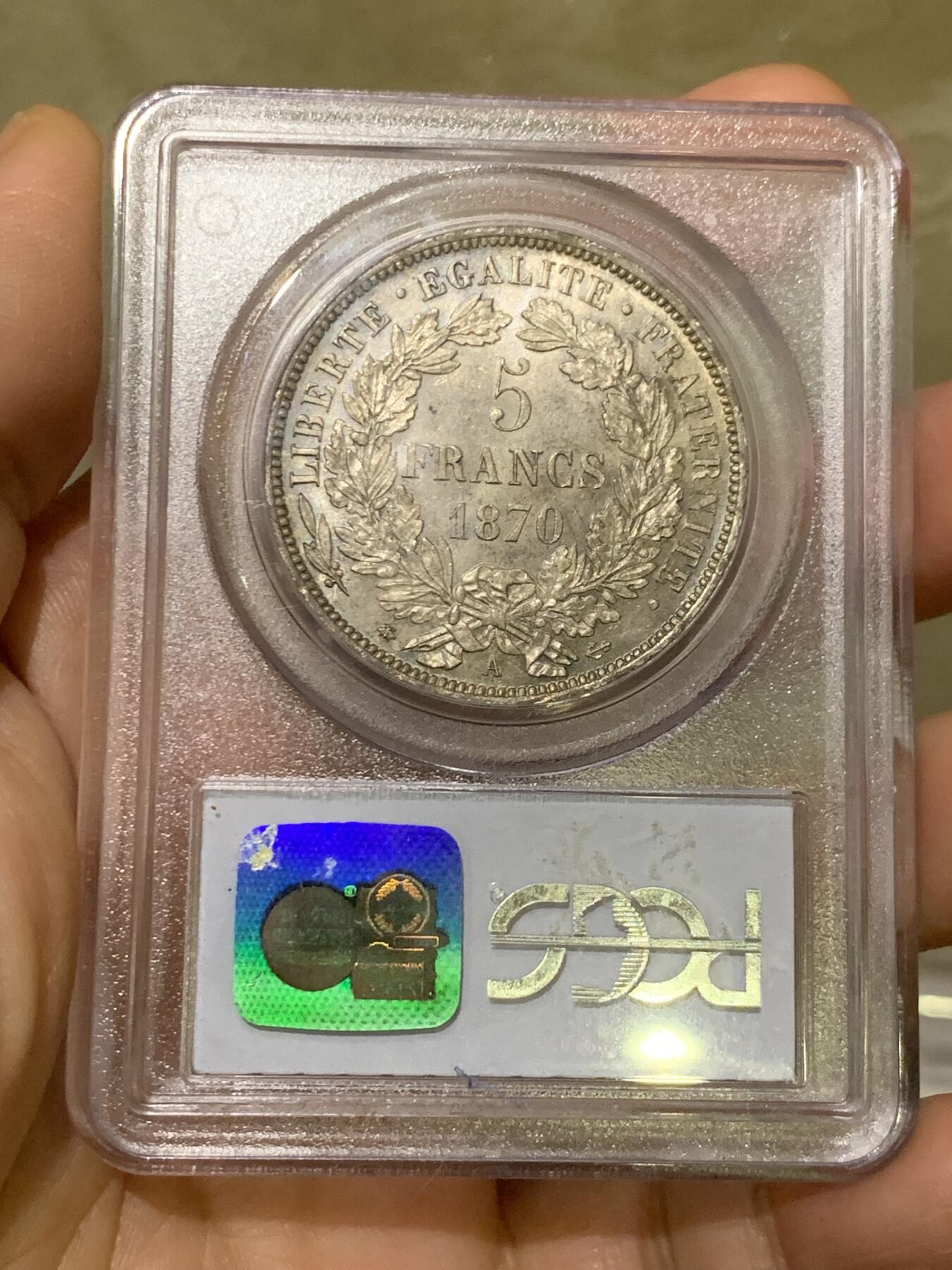 《竞宝斋》第474场 周日，周一 2场连拍 （全场包邮）欢迎送拍 PCGS MS63 法兰西第三共和国 1870A 谷物女神 5法郎 三共女神比二共少得多 此枚铸打精美 包浆老道 整体呈现灰黑色调