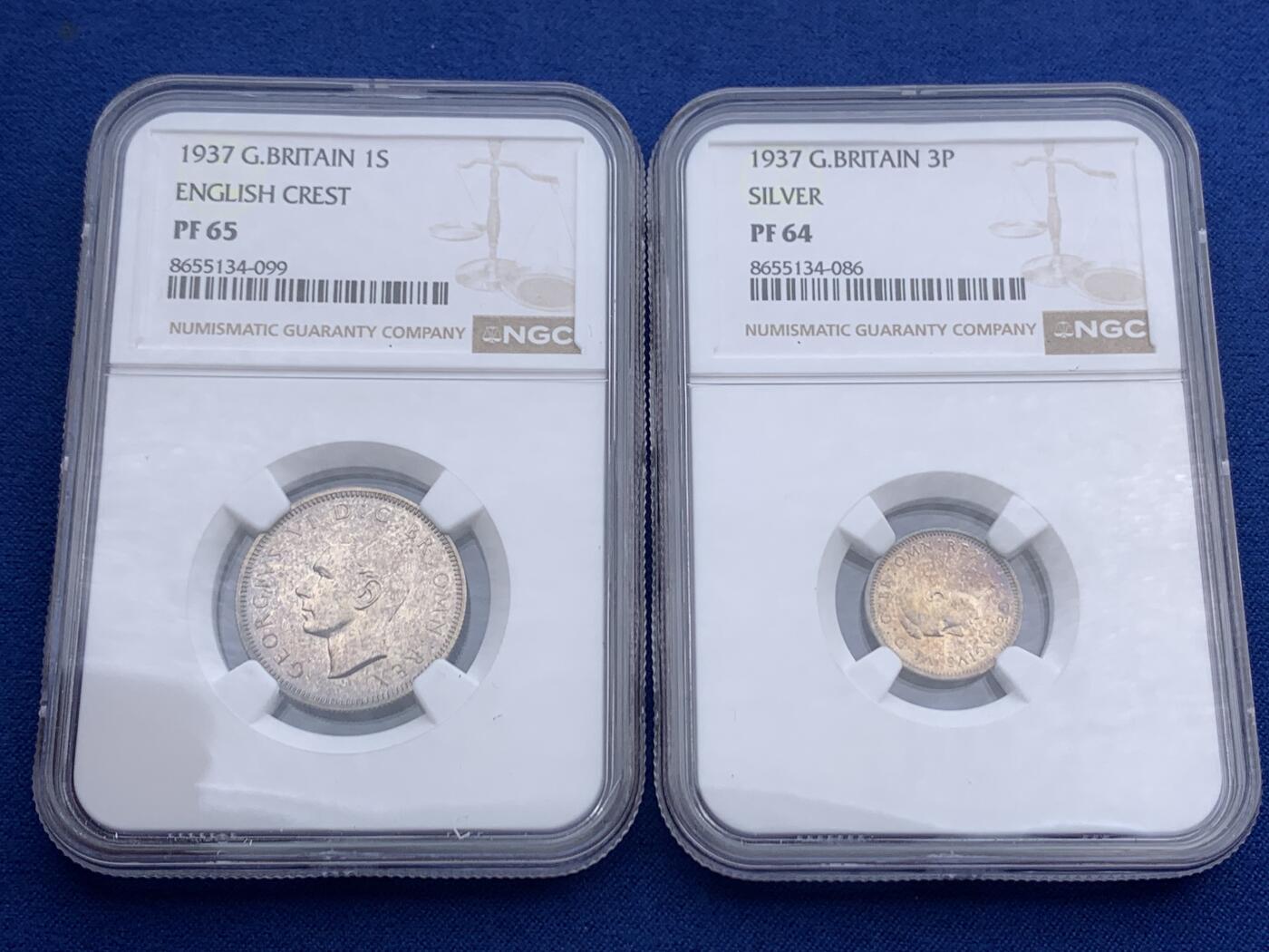 《竞宝斋》第474场 周日，周一 2场连拍 （全场包邮）欢迎送拍 11枚一组 含7枚银币 NGC PF62-65 英国1937年乔六首年1/4P-1克朗精制币