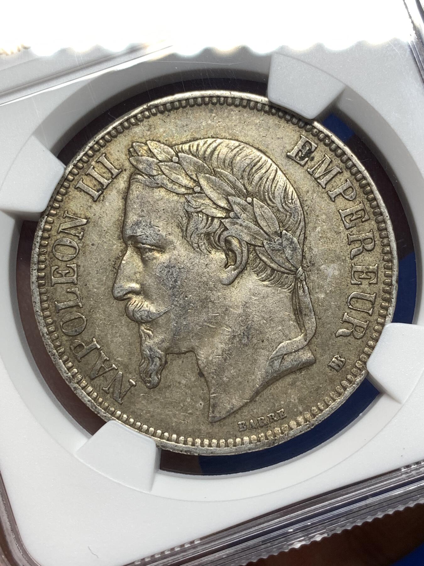 《竞宝斋》第474场 周日，周一 2场连拍 （全场包邮）欢迎送拍 NGC XF45 法国1869年BB厂拿破仑三世5法郎银币