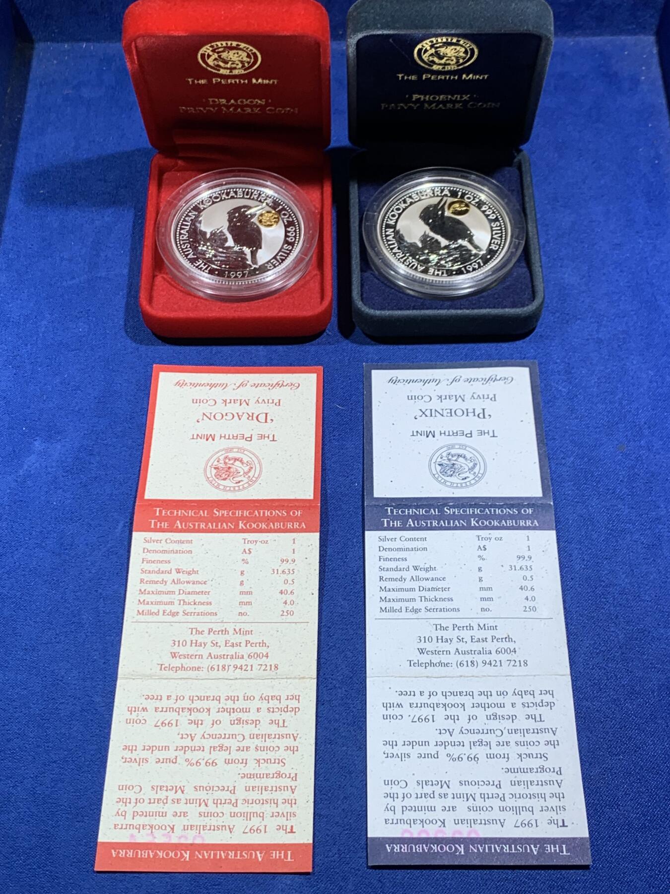 《竞宝斋》第474场 周日，周一 2场连拍 （全场包邮）欢迎送拍 两枚一组 澳大利亚 1997年 笑翠鸟 金龙/金凤镶嵌银币 每枚含纯银1盎司999银（镶嵌部分重约0.5克黄金）
