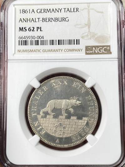 万国钱币拍卖第063期 - NGC MS62PL 1861年德国安哈尔特-贝恩堡小熊流通矿业泰勒 发行量仅1万枚 全熊毛类镜面喷砂质感PROOF LIKE极其罕见 NGC唯一亚军分 不可多得的一枚顶级品质小熊