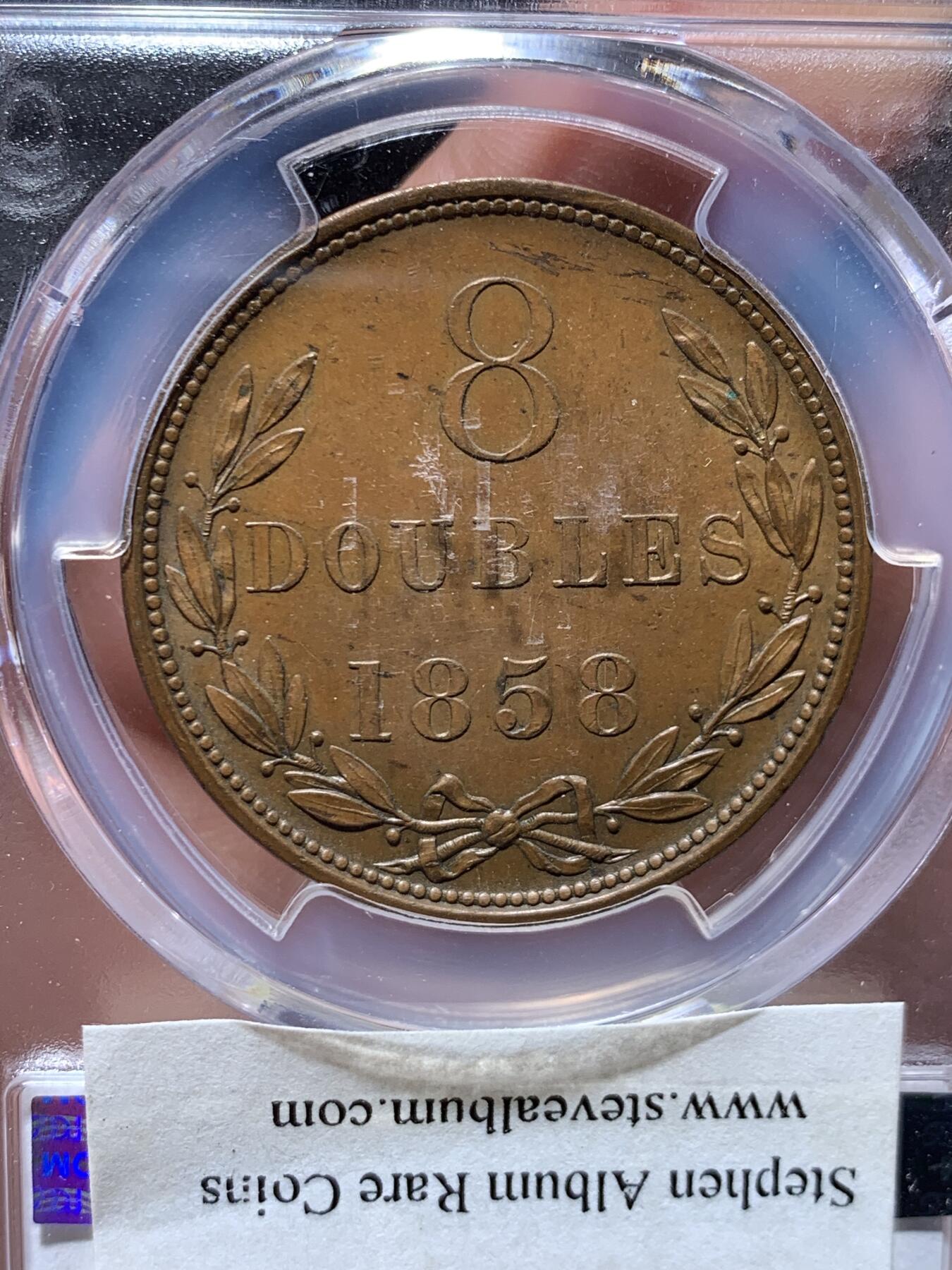 《竞宝斋》第474场 周日，周一 2场连拍 （全场包邮）欢迎送拍 唯一冠军分 PCGS MS63BN 根西岛三狮1858年8道布大铜币，早期厚重版大铜，高分非常难得，比同期的本土便士少见的多，更非后期年份可比。P记唯一MS，亚军分就只有58了。收藏级冠军品质