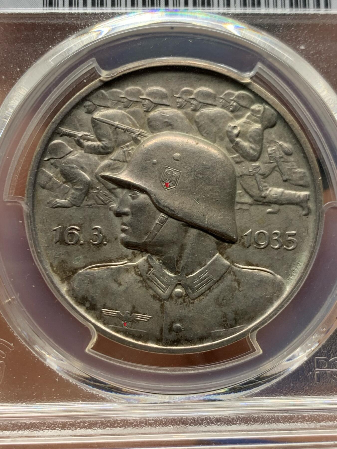 《竞宝斋》第474场 周日，周一 2场连拍 （全场包邮）欢迎送拍 PCGS SP63 德国1935年发布全国总动员征兵银章  柏林造币厂铸 元首亲笔签名 德国本土也难寻的品种