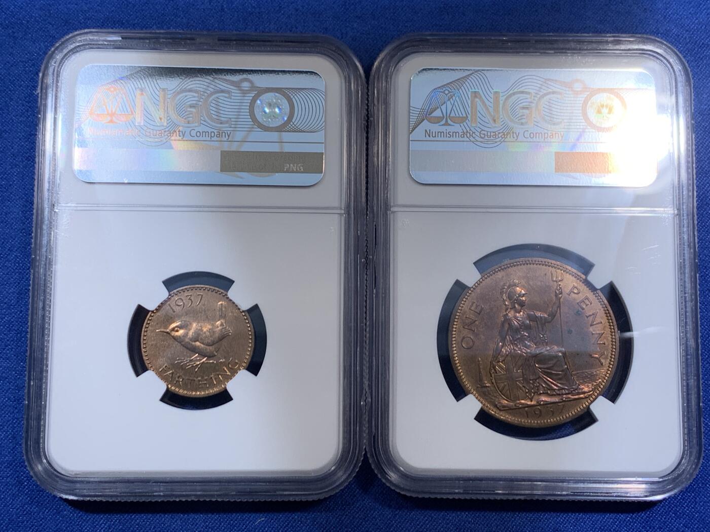 《竞宝斋》第474场 周日，周一 2场连拍 （全场包邮）欢迎送拍 11枚一组 含7枚银币 NGC PF62-65 英国1937年乔六首年1/4P-1克朗精制币