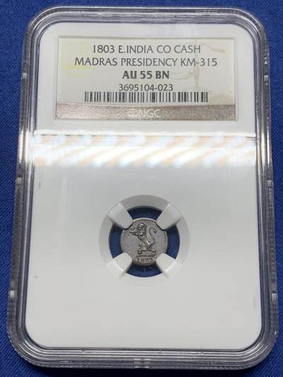 《竞宝斋》第474场 周日，周一 2场连拍 （全场包邮）欢迎送拍 - NGC AU55BN 英属印度马德拉斯总督辖区1803年1CASH铜币