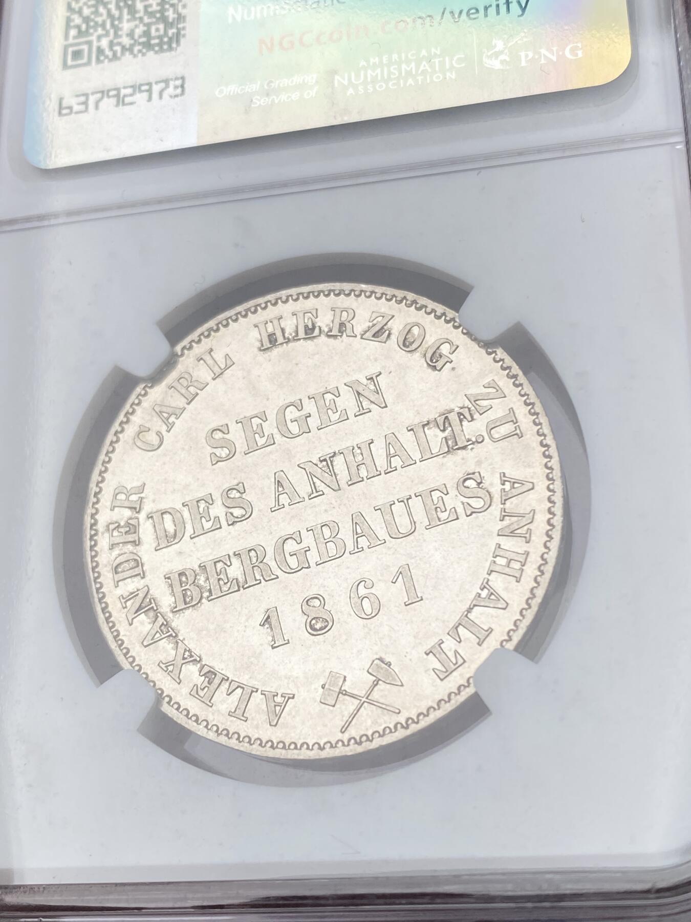 万国钱币拍卖第063期 NGC MS62PL 1861年德国安哈尔特-贝恩堡小熊流通矿业泰勒 发行量仅1万枚 全熊毛类镜面喷砂质感PROOF LIKE极其罕见 NGC唯一亚军分 不可多得的一枚顶级品质小熊