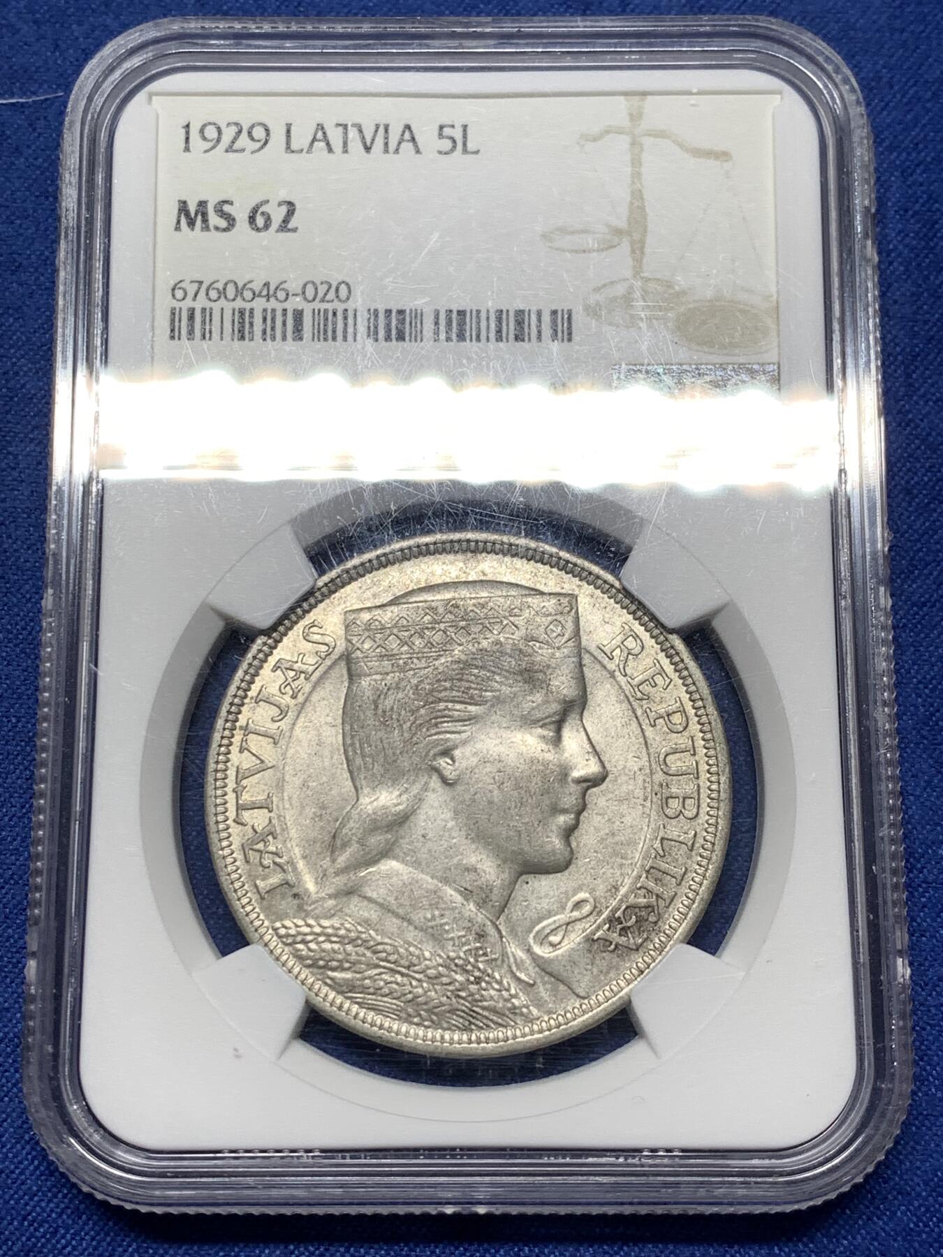 《竞宝斋》第474场 周日，周一 2场连拍 （全场包邮）欢迎送拍 NGC MS62 拉脱维亚1929年5拉特银币，该国经典通货银币，状态稳健，藏家优选品种