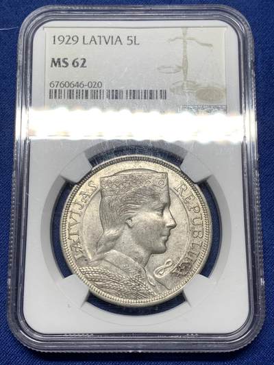 《竞宝斋》第474场 周日，周一 2场连拍 （全场包邮）欢迎送拍 - NGC MS62 拉脱维亚1929年5拉特银币，该国经典通货银币，状态稳健，藏家优选品种