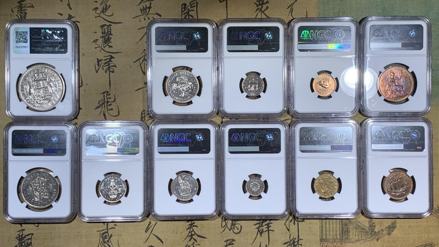 《竞宝斋》第474场 周日，周一 2场连拍 （全场包邮）欢迎送拍 11枚一组 含7枚银币 NGC PF62-65 英国1937年乔六首年1/4P-1克朗精制币