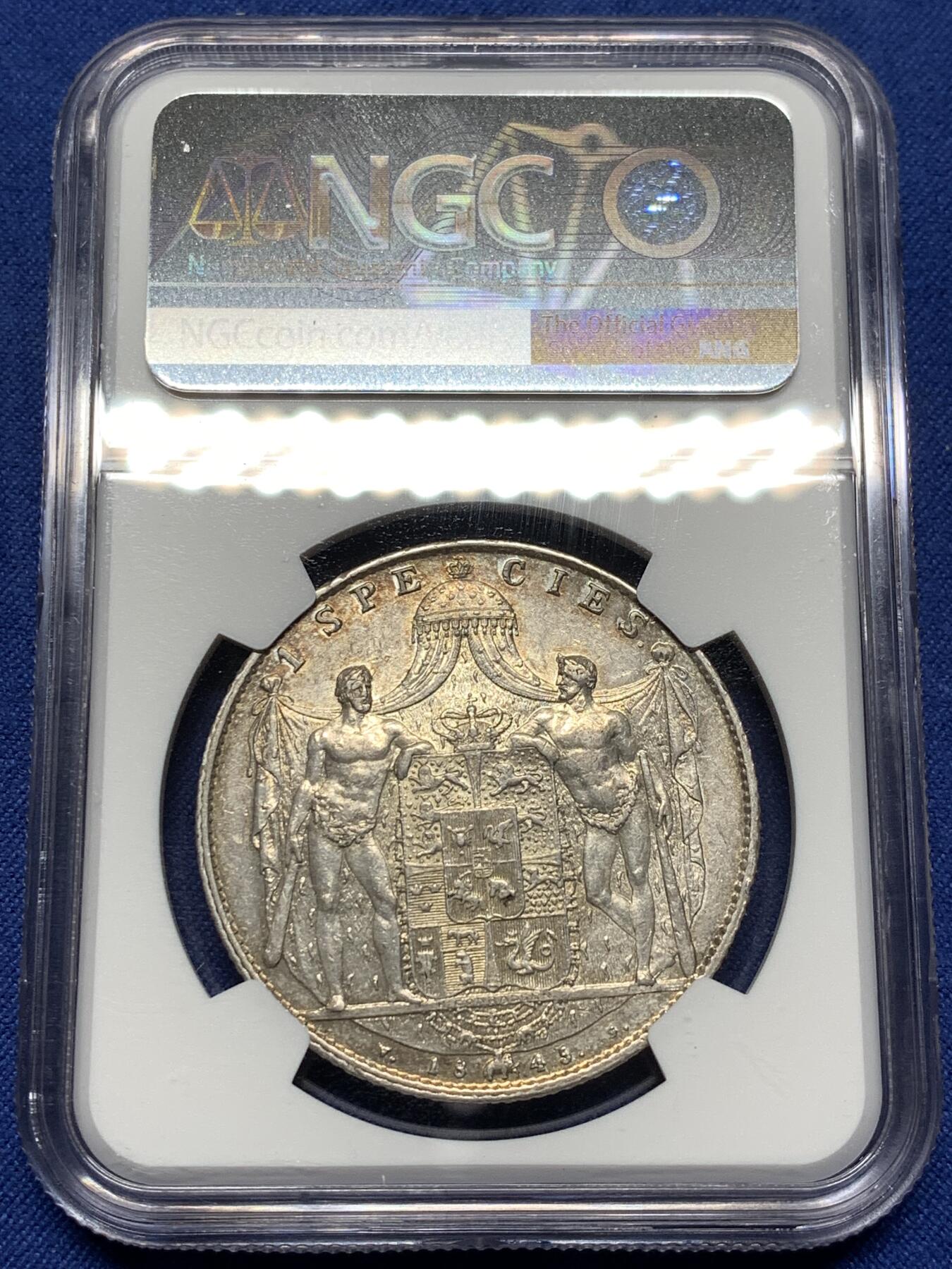 《竞宝斋》第474场 周日，周一 2场连拍 （全场包邮）欢迎送拍 NGC  AU58 丹麦 1845年 克里斯蒂安八世 1SD大银币 非常少见的品种