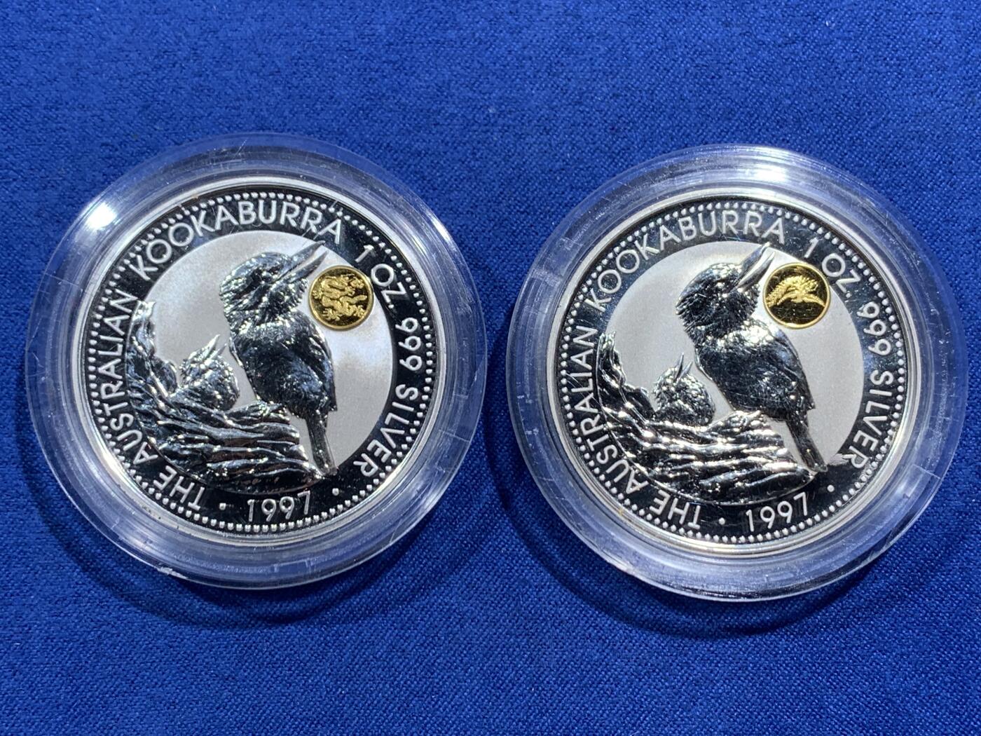 《竞宝斋》第474场 周日，周一 2场连拍 （全场包邮）欢迎送拍 两枚一组 澳大利亚 1997年 笑翠鸟 金龙/金凤镶嵌银币 每枚含纯银1盎司999银（镶嵌部分重约0.5克黄金）
