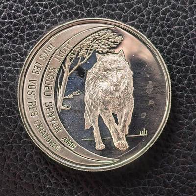 道一币馆币章第一百七十二场 - 安道尔1995年野生动物保护-灰狼10第纳尔精制银币 31.1g 925s