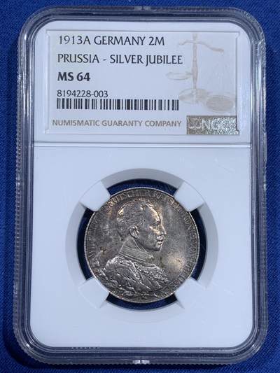 《竞宝斋》第474场 周日，周一 2场连拍 （全场包邮）欢迎送拍 - NGC MS64 德国1913年普鲁士威廉二世执政25周年纪念2马克银币 高分