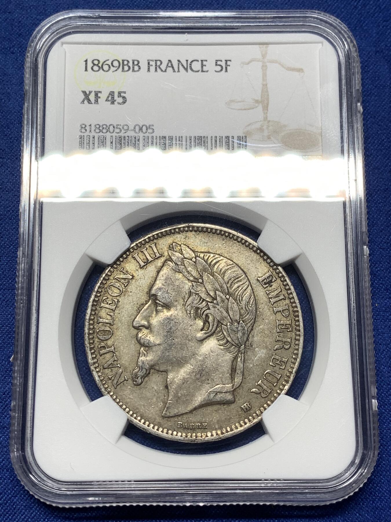 《竞宝斋》第474场 周日，周一 2场连拍 （全场包邮）欢迎送拍 NGC XF45 法国1869年BB厂拿破仑三世5法郎银币