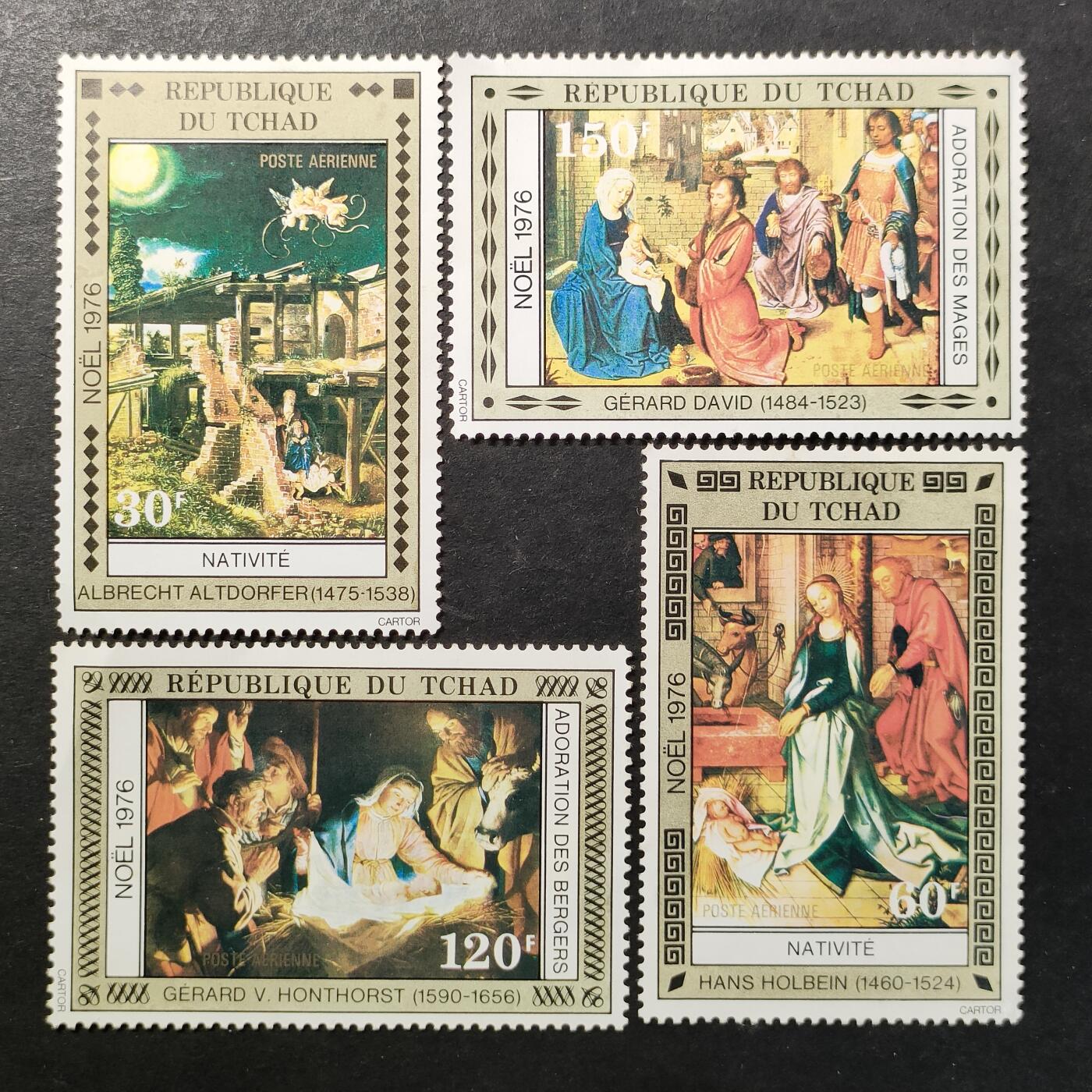 ↓君缘收藏769期☞钱币邮品↓无佣金、可寄存、满30元包邮  乍得邮票航空票，1976年圣诞节·文艺复兴至巴洛克时期欧洲宗教名画邮票4全