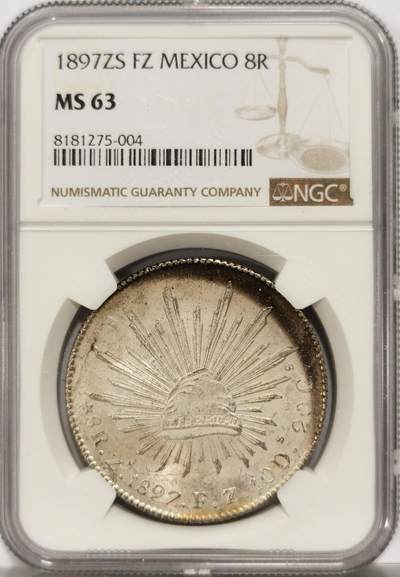 博洋堂“生趣盎然”4月精品专场暨第169期（全场包邮） NGC MS63 墨西哥1897年ZS FZ版花边鹰洋，关门年份，原味窖藏状态，滴水未下，正面极美月牙包浆