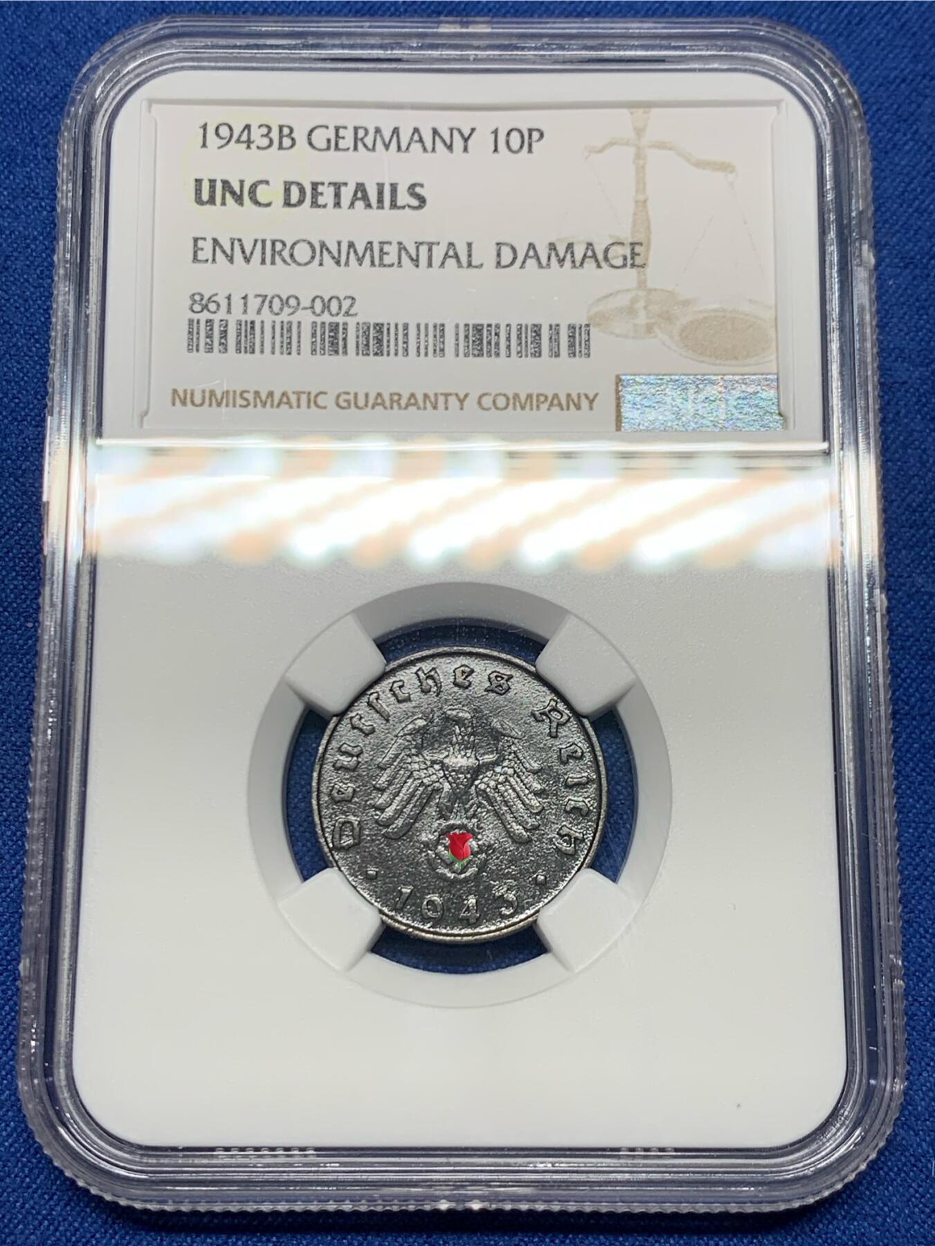 《竞宝斋》第474场 周日，周一 2场连拍 （全场包邮）欢迎送拍 NGC UNCD 德国二战1943年B厂10芬尼