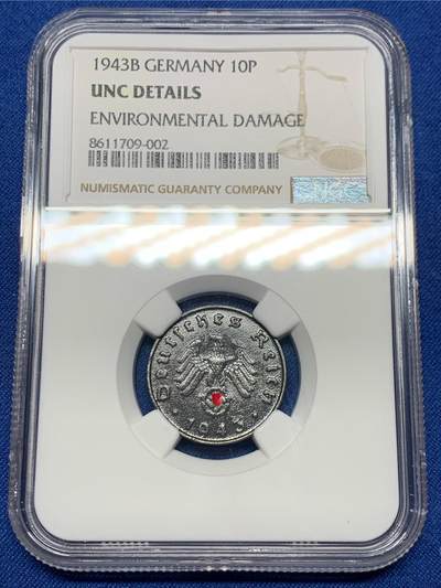 《竞宝斋》第474场 周日，周一 2场连拍 （全场包邮）欢迎送拍 - NGC UNCD 德国二战1943年B厂10芬尼