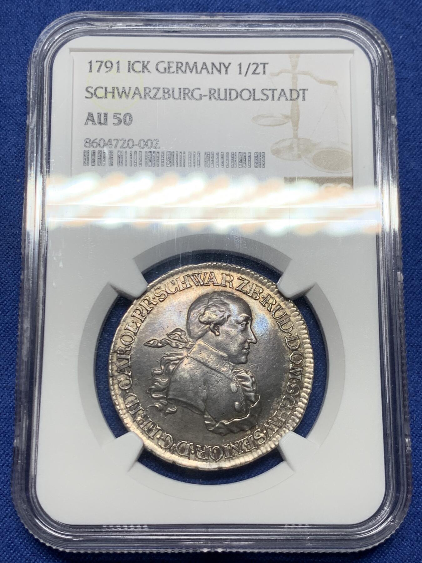 《竞宝斋》第474场 周日，周一 2场连拍 （全场包邮）欢迎送拍 NGC AU50 德国 1791年 施瓦茨堡-鲁多尔施塔特公国  弗里德里希·卡尔 1/2泰勒银币 高点清晰 些许低评 很难见到的品种