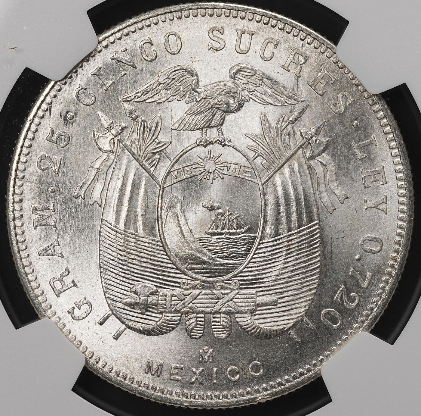 修遠堂世界钱币第109期 NGC MS64 1943年厄瓜多尔5 苏克雷大银币