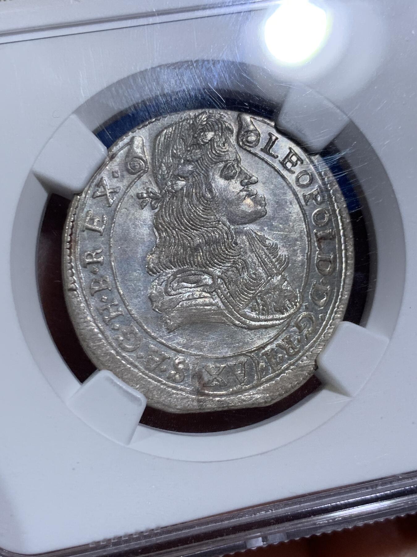 《竞宝斋》第474场 周日，周一 2场连拍 （全场包邮）欢迎送拍 NGC MS65 神圣罗马帝国1683年利奥波德一世15克鲁泽银币 无与伦比的光泽和顶尖分数，状态极佳，银霜满满，匈牙利厂圣母抱婴，亚军分，更高分仅1枚。