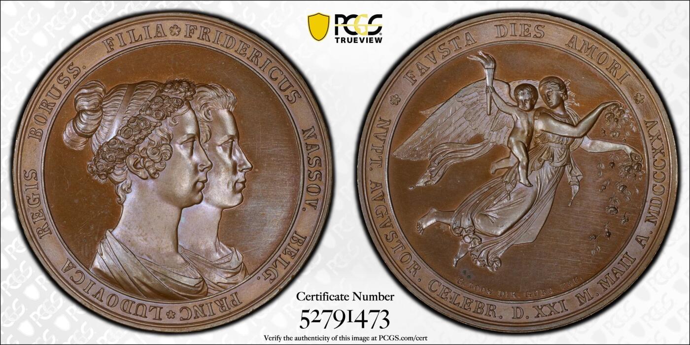万国钱币拍卖第063期 PCGS SP66 1825年德国普鲁士威廉三世时期路易斯·奥古斯塔公主与荷兰费里德里希王子大婚纪念大铜章 G·LOOS·D大师作品 超美红铜光顶级GEM典藏品质（盒子有裂）