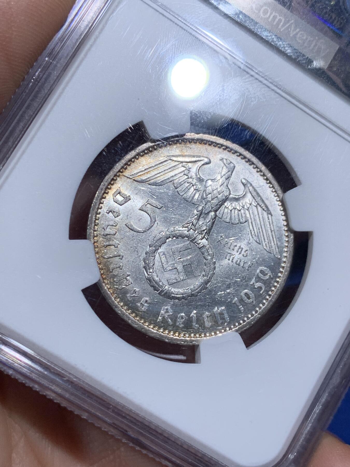 《竞宝斋》第474场 周日，周一 2场连拍 （全场包邮）欢迎送拍 NGC MS62 德国1939A兴登堡头像5马克银币