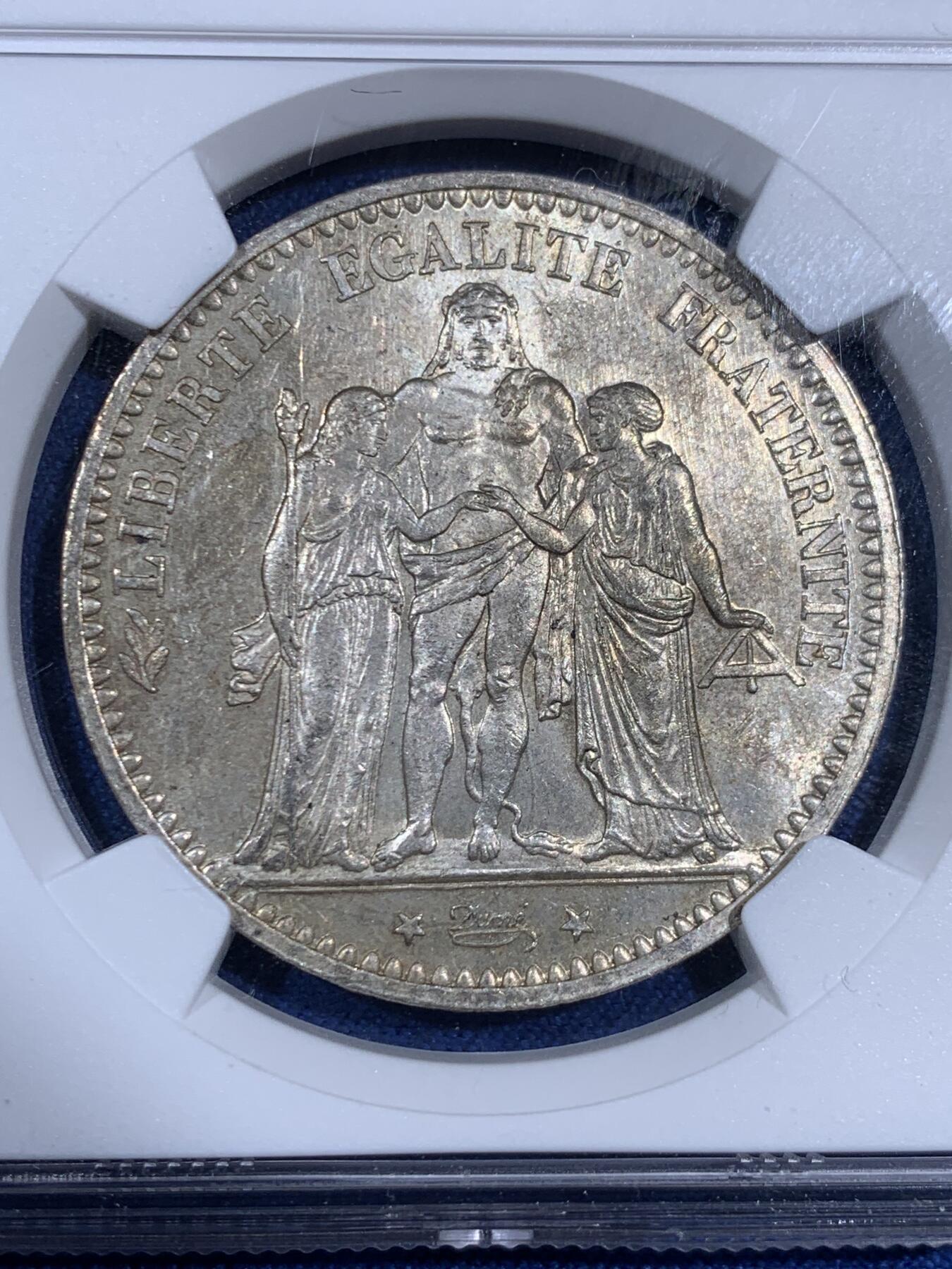 《竞宝斋》第474场 周日，周一 2场连拍 （全场包邮）欢迎送拍 NGC MS63 法兰西第三共和国1873A大力神5法郎银币，经典品种，高分藏品！