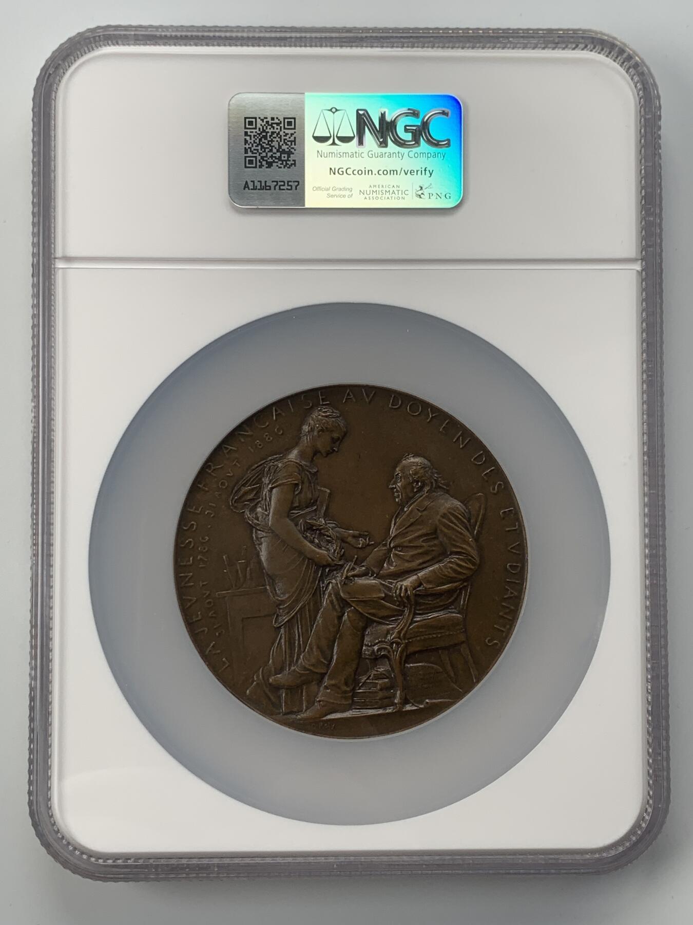 掌中浮雕-藏着的欧洲第056场 NGC MS64 : 1886年法国化学家米歇尔·欧仁..谢弗勒尔大铜章，大师奥斯卡.罗蒂（0.Roty），68mm