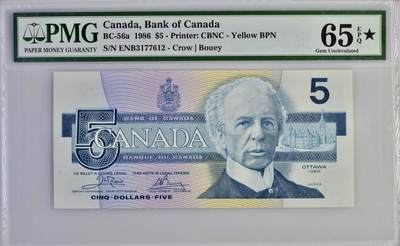 【礼羽收藏】🌏世界钱币拍卖第130期 - 加拿大5元 1986年 首签a版 PMG65星星 a版唯一大黑星 难得