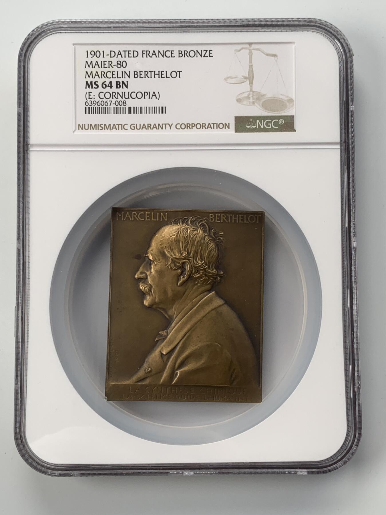 掌中浮雕-藏着的欧洲第056场 NGC MS64 : 1901年法国化学家Marcelin Berthelot纪念铜章，57*71mm