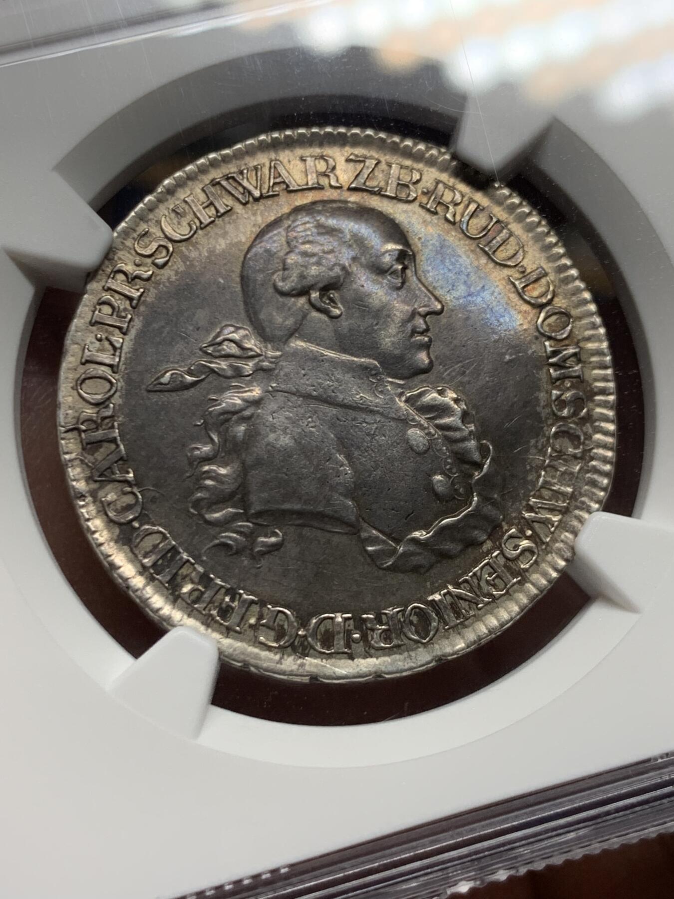 《竞宝斋》第474场 周日，周一 2场连拍 （全场包邮）欢迎送拍 NGC AU50 德国 1791年 施瓦茨堡-鲁多尔施塔特公国  弗里德里希·卡尔 1/2泰勒银币 高点清晰 些许低评 很难见到的品种