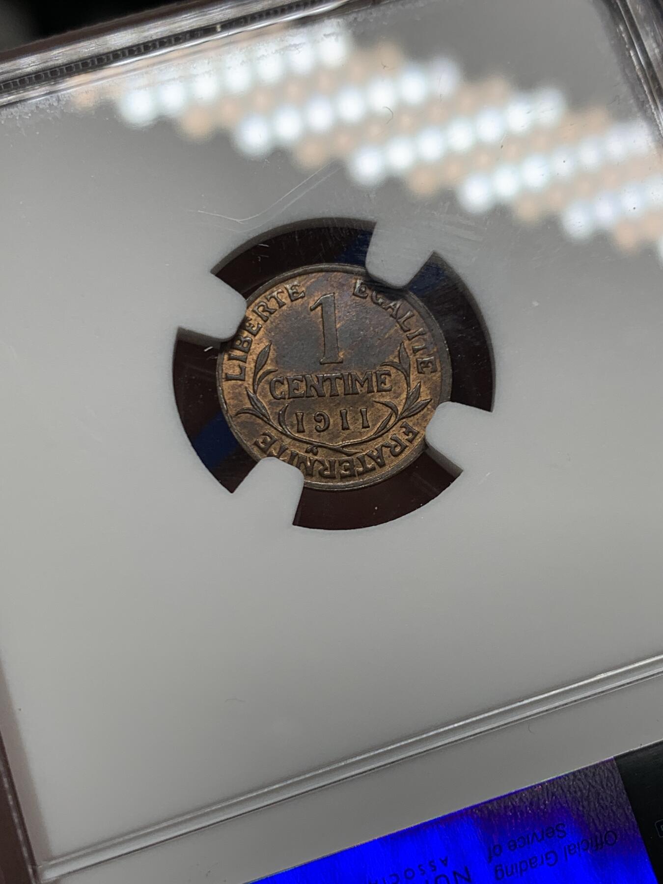 《竞宝斋》第474场 周日，周一 2场连拍 （全场包邮）欢迎送拍 NGC MS64RB 法国1911年1分铜币 经典女神图案 冠军分