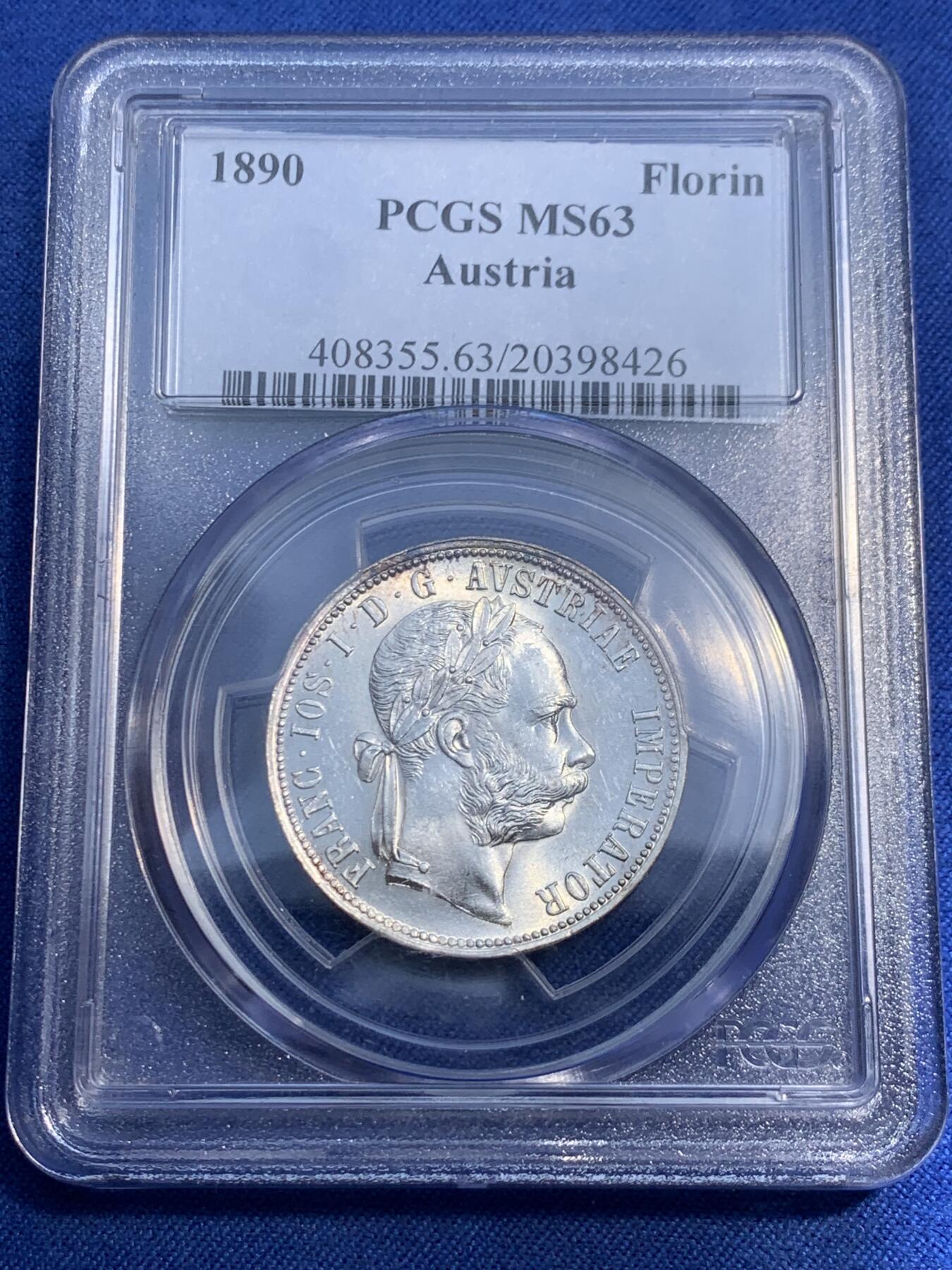 《竞宝斋》第474场 周日，周一 2场连拍 （全场包邮）欢迎送拍 PCGS MS63 奥匈帝国1890年弗朗茨二世1福林银币 老盒子严评，这个年份也不常见，整体状态极好