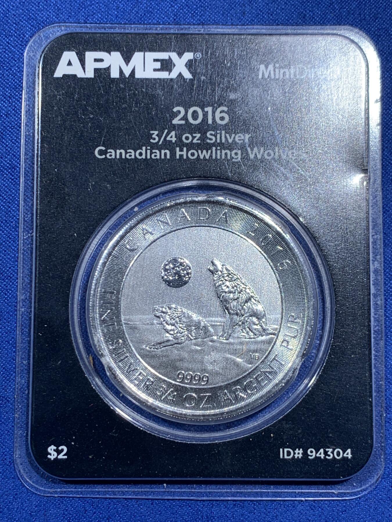 《竞宝斋》第474场 周日，周一 2场连拍 （全场包邮）欢迎送拍 加拿大2016年嚎叫的狼2加元银币 3/4盎司 23.3克 999银 纯银卡币