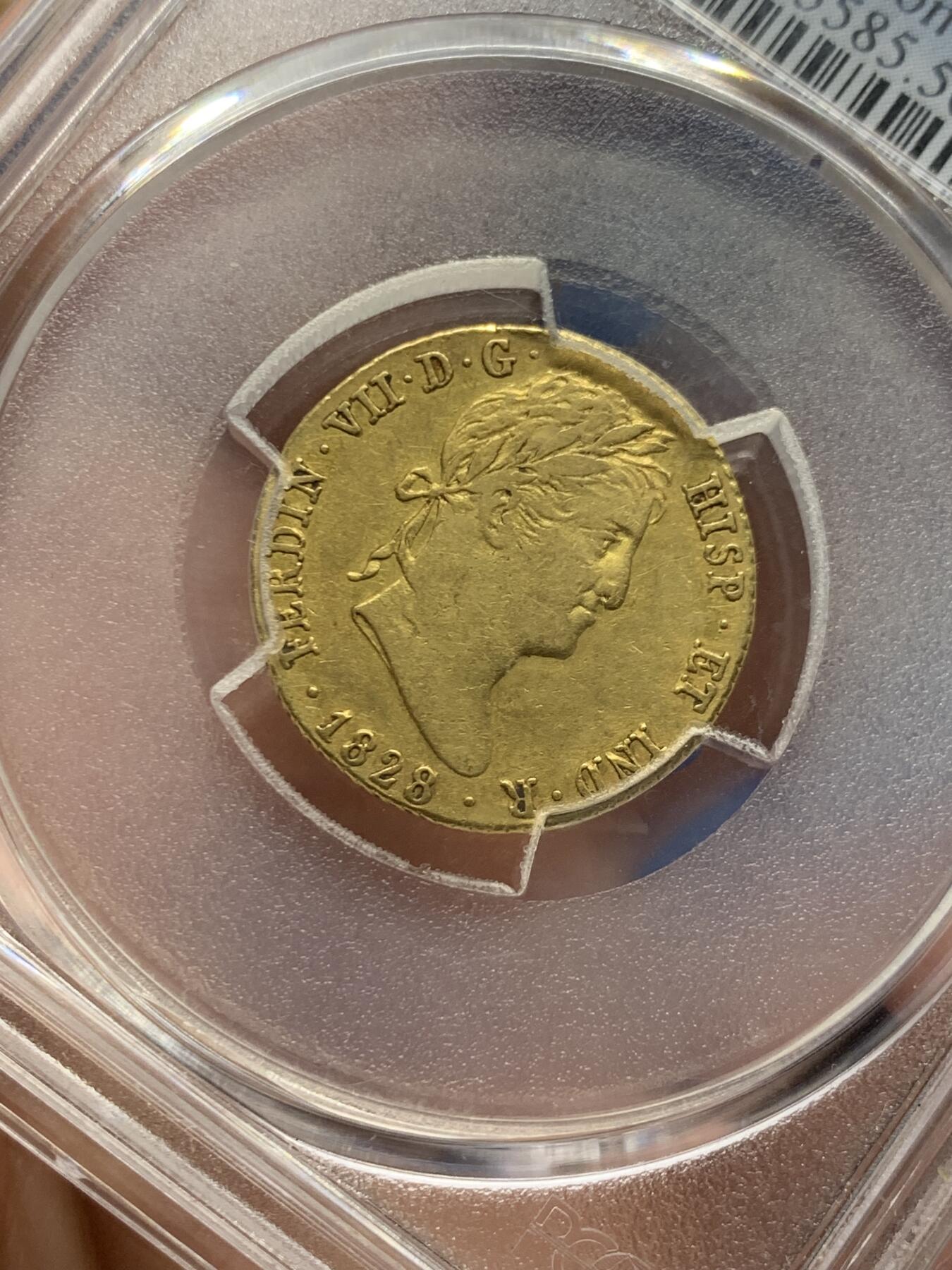 《竞宝斋》第474场 周日，周一 2场连拍 （全场包邮）欢迎送拍 PCGS AU50 唯一冠军分，salton旧藏，1828年，费尔南多七世，西班牙本土 马德里铸，875金，6.7克，2埃斯库多金币