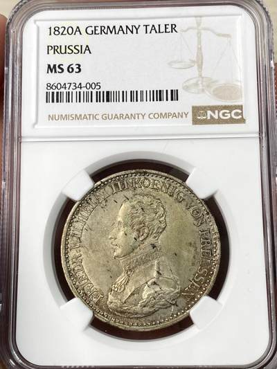 万国钱币拍卖第063期 - NGC MS63 1820年德国普鲁士威廉三世鹰炮泰勒 普鲁士大名誉品种 原味欧陆淡金彩环绕无减重痕迹 全深打高点堪称完美 实在是不可多得的顶级收藏品质 NGC唯二冠军分