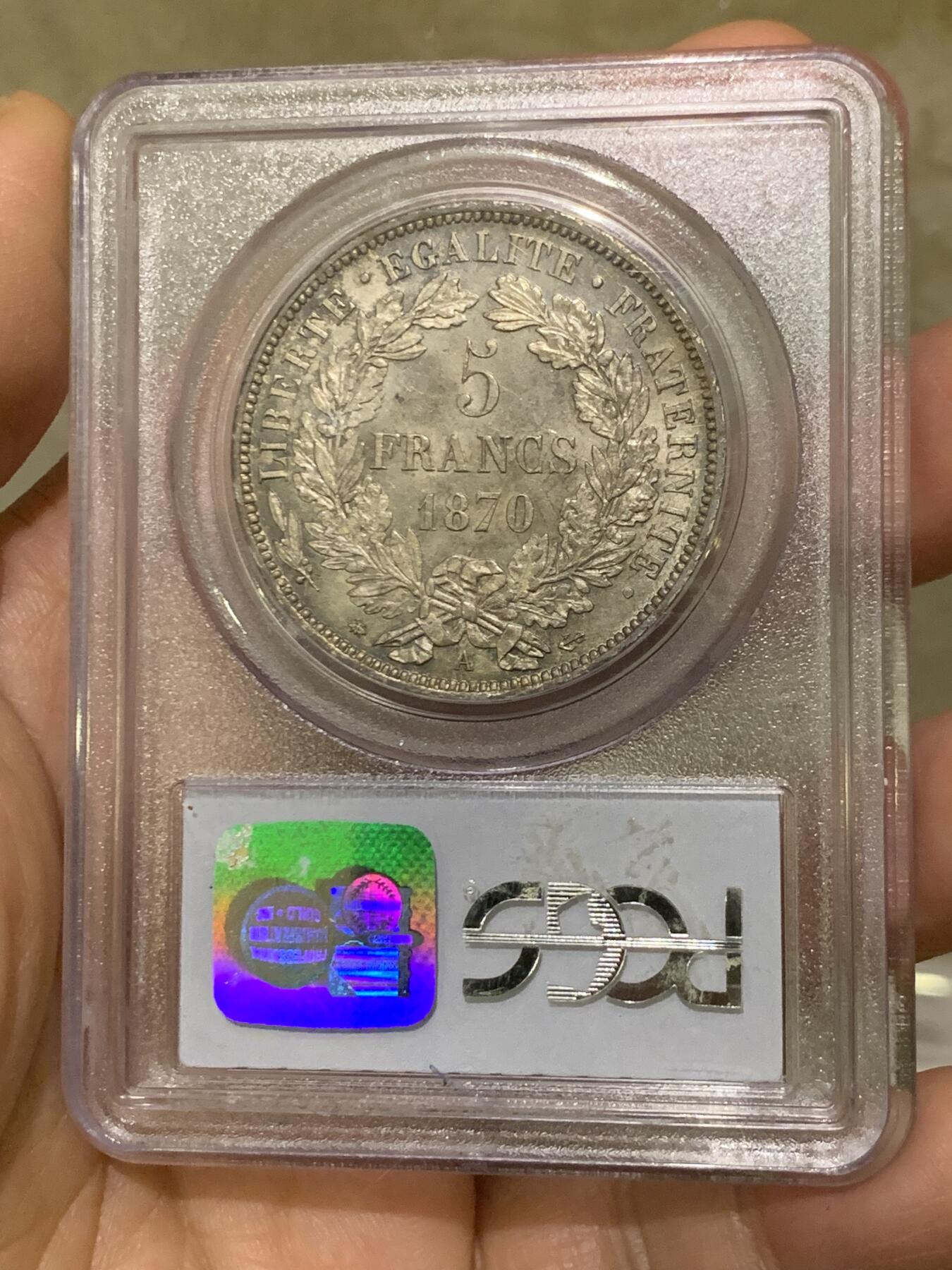 《竞宝斋》第474场 周日，周一 2场连拍 （全场包邮）欢迎送拍 PCGS MS63 法兰西第三共和国 1870A 谷物女神 5法郎 三共女神比二共少得多 此枚铸打精美 包浆老道 整体呈现灰黑色调